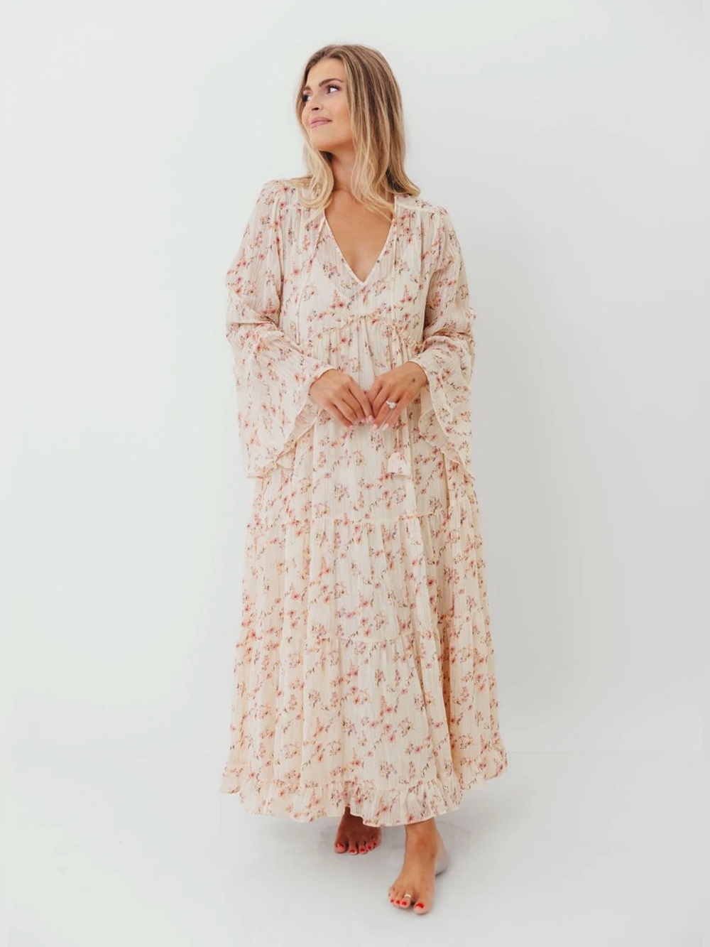 Worth Collective Lisa Woven Floral V-Neck Maxi Dress with slip Liner cream Sz S
